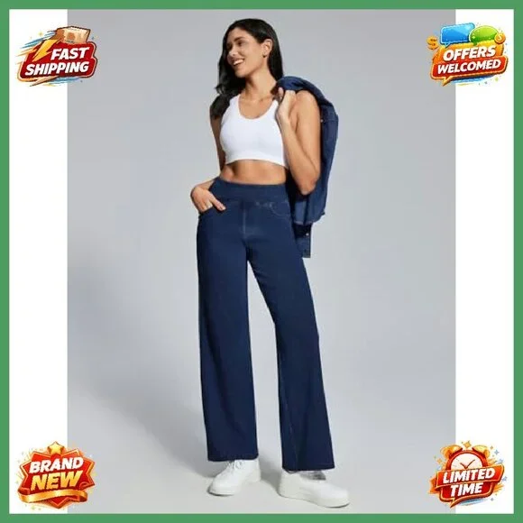 High Waist Wide Leg Pull On Jeans Stretchy Straight Leg Denim Pants
